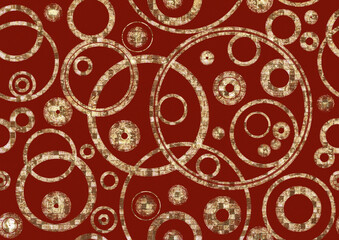 Abstract seamless pattern - overlapping circles. Golden glitter with pattern of squares on red fabric texture. Digital art, A3.