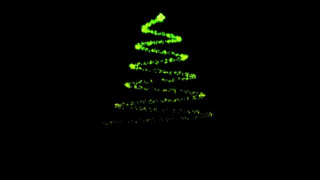 Abstract yellow spiral shape of a Christmas tree. Spiral Christmas tree in the form of sparkling yellow lights on a black background.
