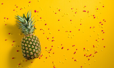 Pineapple and colourful confetti placed on yellow background 