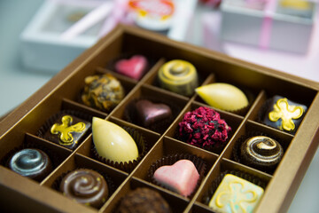 Chocolate candies in a box, set of chocolates