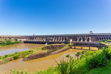 Massive Itaipu hydroelectric dam on the Parana River located on the border between Brazil and...