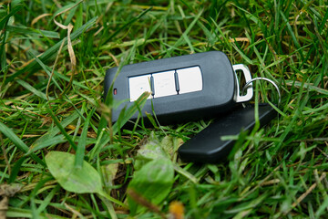 Lost car keys lying on the grass in a park, somebody dropped auto remote control