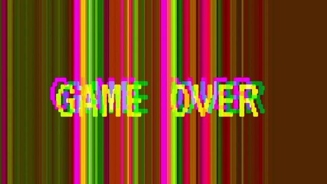 Game over glitch effect animation on a glitch background. Retro arcade game visual.