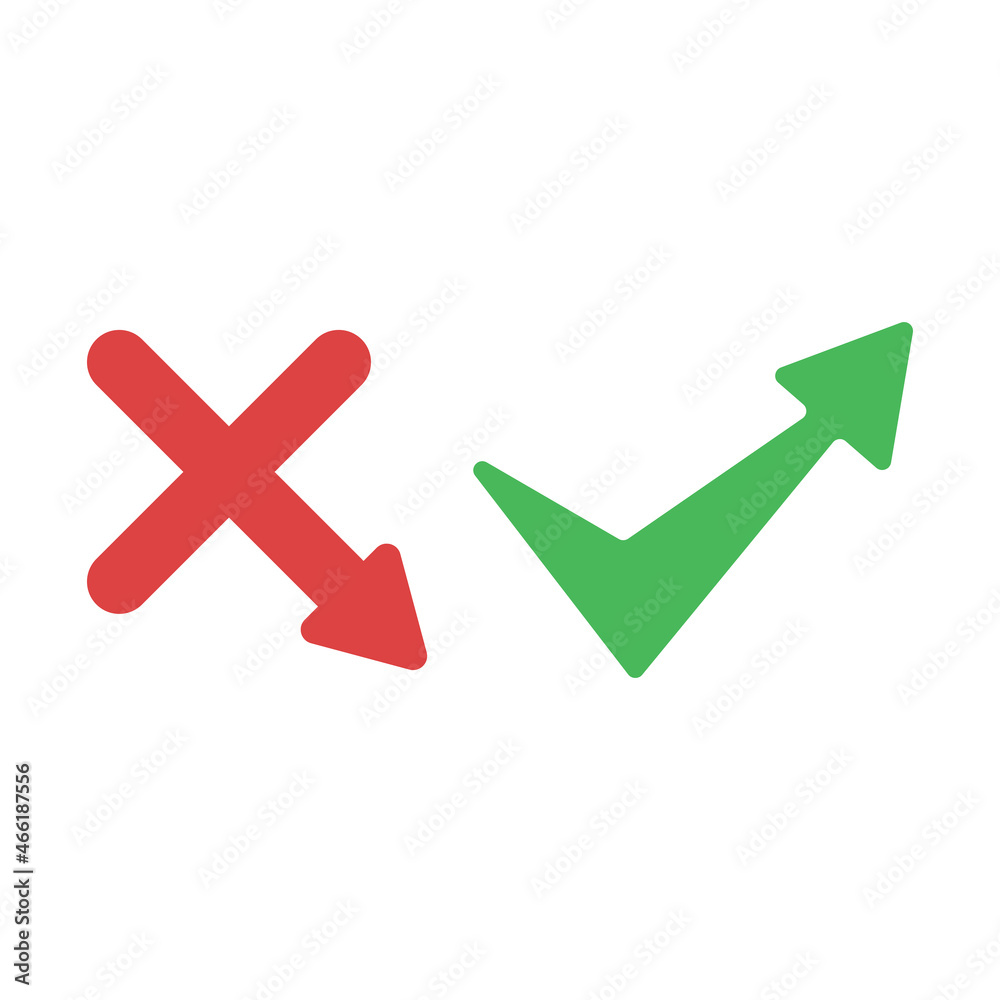 Wall mural cross icon with arrow down green check mark with arrow up on white background.