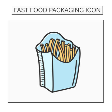 French fries color icon.Disposable paper box with fried potato.Take away.Fast Food Packaging.Isolated vector illustration