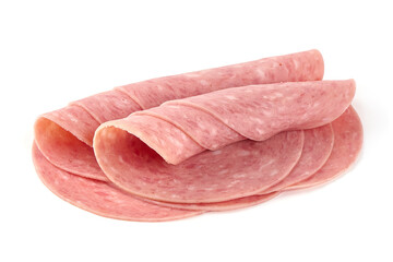Twisted salami slices, isolated on white background.