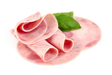 Boiled ham sausage slices, isolated on white background.