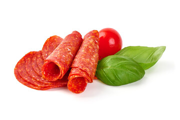 Spanish chorizo salami sausage, isolated on white background.