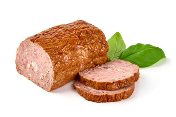 Baked meatloaf, minced meat roll, isolated on white background.