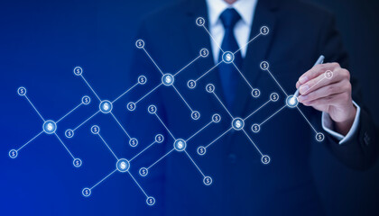 Businessman touchscreen on the money graph Screen Icon of a media screen, Technology Process System Business with Communication and marketing concept, Team success, HR Human, Business success