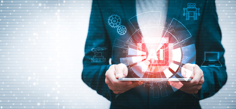 Businessman holding screen interface AI.line graph Screen Icon of a media screen on the black background, Technology Process System Business concept, machine learning, digital transformation banner,