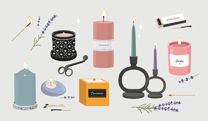 Collection of burning trendy candles. Different sizes and shapes with branches of cotton. Decorative wax candles for aromatherapy and relax. Set of isolated flat cartoon vector illustrations