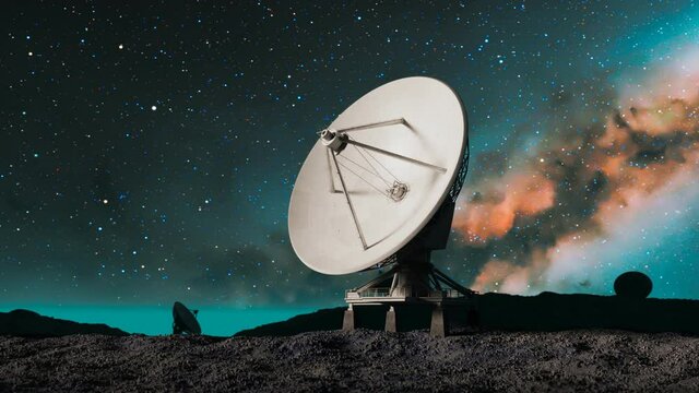 Amazing night sky landscape with satellite dish silhouette. Space observatory.