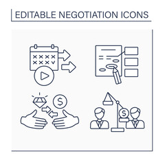 Negotiation line icons set. Starting date, amendment, logrolling, zero-sum. Business concept. Isolated vector illustrations. Editable stroke
