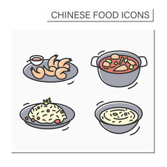 Chinese food color icons set. Congee, fried rice, hotpot and fried shrimps. Asian food recipe and rice bowl for home cooking and recipe book. Isolated vector illustration