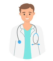 Fototapeta premium Smiling doctor with a stethoscope in a medical gown. Portrait of a medical worker of Slavic appearance in uniform. Isolated illustration on a white background