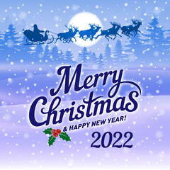 Silhouette of Santa Claus Flying on a Sleigh Pulled by Reindeer, Over Christmas Winter Forest with a Full Moon. Merry Christmas and Happy New Year 2022 Greeting Card