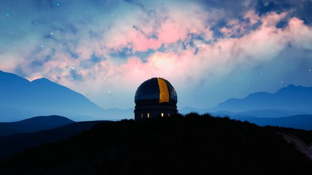 A modern astronomical observatory in mountains during the beautiful starry night
