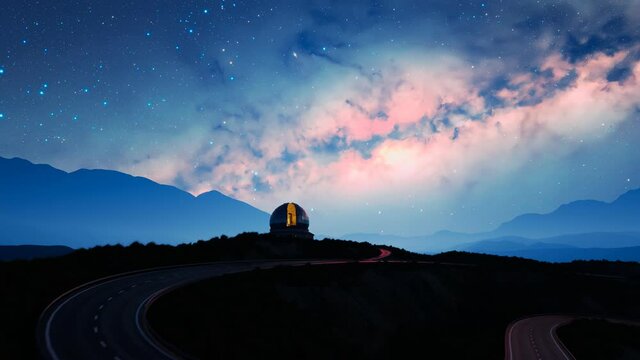 A modern astronomical observatory in mountains during the beautiful starry night