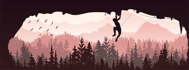 Silhouette of rock climber climbing overhang in cave. Forest and mountains in the background, birds. Magical misty landscape, fog. Violet and pink illustration. Banner.