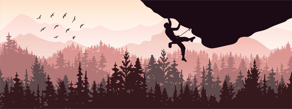 Silhouette of rock climber climbing overhang. Forest and mountains in the background, birds. Magical misty landscape, fog. Pink and violet illustration. Banner.