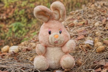 one toy pink plush hare sits on gray dry vegetation in nature