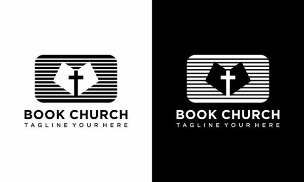 Open book with religion cross symbol logo design vector template on a black and white background.