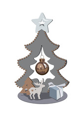 Gift and deer on the background of a Christmas tree with stars and a Christmas tree toy.