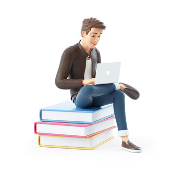 3d cartoon man sitting on books with laptop