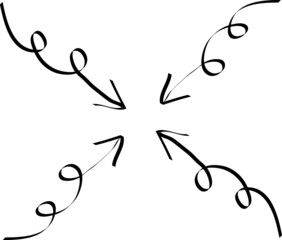 Four Arrows pointing directions vector. Merge direction indicator logo icon sign element Hand drawn Doodle style. Isolated object on a white background. Vector Illustration