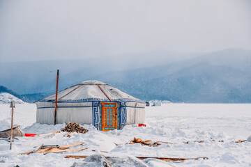 yurt on Lake Baikal. Russia Siberia. Dwelling of Mongol nomads. Winter landscape