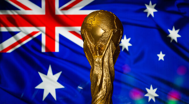 October 6, 2021 Camberra, Australia. FIFA World Cup Cup against the backdrop of the flag of Australia.