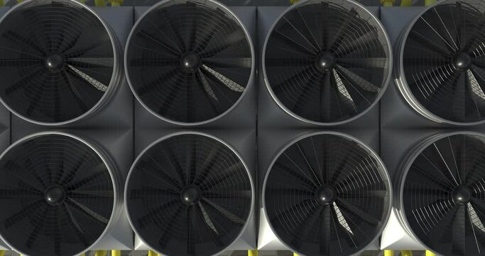 Chiller cooling system at the compressor station. Heat exchanger in which air and water reduce the temperature for heavy industry, seamless loop