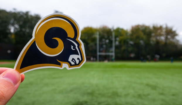 September 16, 2021, Los Angeles, California. Emblem of a professional American football team Los Angeles Rams based in the Los Angeles metropolitan area at the sports stadium.