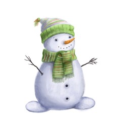 cute snowman in warm scarf portrait, watercolor style clipart, winter illustration with cartoon character