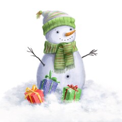 cute snowman standing in snow with presents, watercolor style clipart, winter illustration with cartoon character