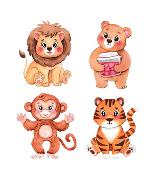 Watercolor animals. A set of four animals drawn by hand. A lion cub, a tiger cub, a monkey and a bear with a jar of jam.