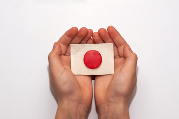the flag of Japan, made of plasticine in children's palms on a white background