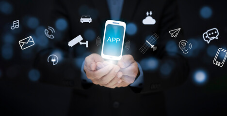 Business hold mobile phone with technology APP of mobile telecommunication network in Europe for high speed wireless data connection to internet from smartphones, future technology 5G network.