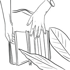 Outline sketch of opened book with two hands on it and with plant leaves. Black and white vector illustration of reading concept in doodle style