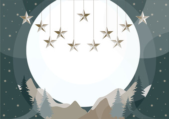 New Year Christmas background with stars, coniferous forest and mountain landscape. Vector illustration postcard.