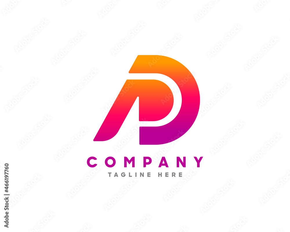 Poster Abstract, colorful purple gradient unique and handmade idea logo with the letters A, D and P. The letters A and D make up the letter P. Modern Networking Logo Design Vector.