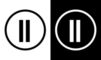 Black and white pause button. Vector pause button. Isolated on a white and black background