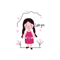 Cute cartoon girl with heart. Card for Valentine Day. Vector illustration.