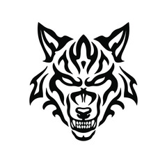 Black Tribal Wolf Head Logo on White Background. Tattoo Design Stencil Vector Illustration