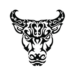 Black Tribal Bull Head Logo on White Background. Tattoo Design Stencil Vector Illustration