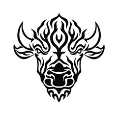 Black Tribal Bison Head Logo on White Background. Tattoo Design Stencil Vector Illustration