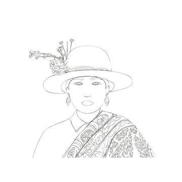Vector linear portrait of a beautiful woman of Peru in a national costume.
