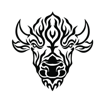 Black Tribal Bison Head Logo on White Background. Tattoo Design Stencil Vector Illustration