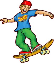 teenager doing trick with skateboard. cartoon style drawing